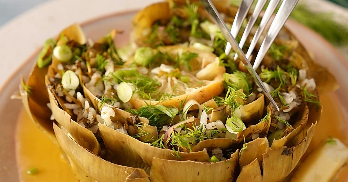 Alcachofas al horno con vasitos de quinoa Brillante y parmes