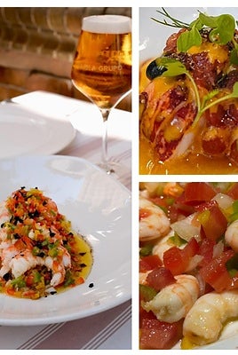 Montaje con platos de salpicón de marisco de restaurantes de Sevilla