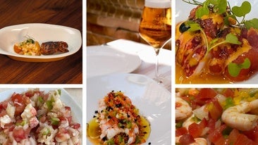 Montaje con platos de salpicón de marisco de restaurantes de Sevilla