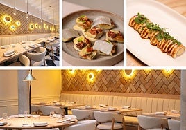 Algunos platos y el salón del restaurante NODO, que abre en Sevilla este fin de semana