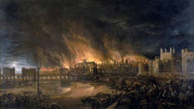 Detalle de una pintura de 1666 del incendio de Londres de un artista desconocido, con la Torre de Londres a la derecha, el puente de Londres a la izquierda y la catedral de San Pablo al fondo