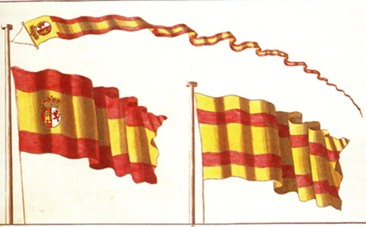 Reproducción de las banderas elegidas por Carlos III en 1785 como pabellones de guerra y civil, y gallardete