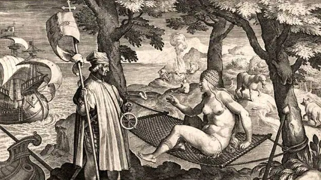 Américo Vespucci despierta «America», grabado del 1638.
