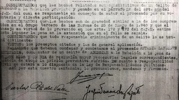 Sentencia contra Lafuente Estefanía tras su detención al final de la Guerra Civil por el régimen franquista
