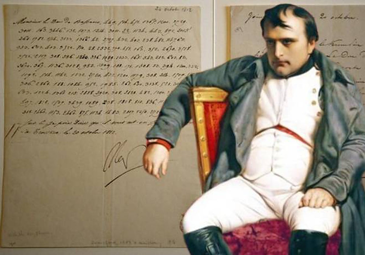Montaje de la carta codificada firmada por Napoleón, fechada el 20 de octubre de 1812, con una imagen del emperador