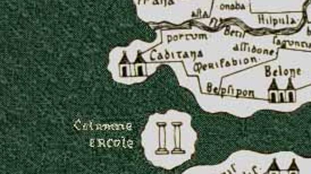 Detalle de las columnas en un mapa antiguo, la Tabula Peutingeriana.