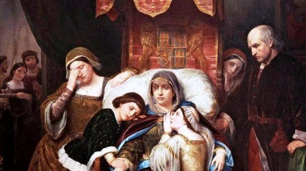 Cuadro que muestra a Isabel de Portugal y Braganza, enloquecida, junto a sus hijos.