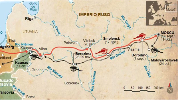 Mapa de la campaña de Napoleón en Rusía