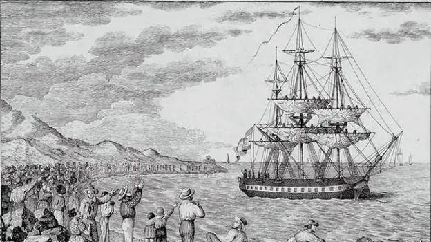 La corbeta María Pita, fletada para la expedición, partiendo del puerto de La Coruña