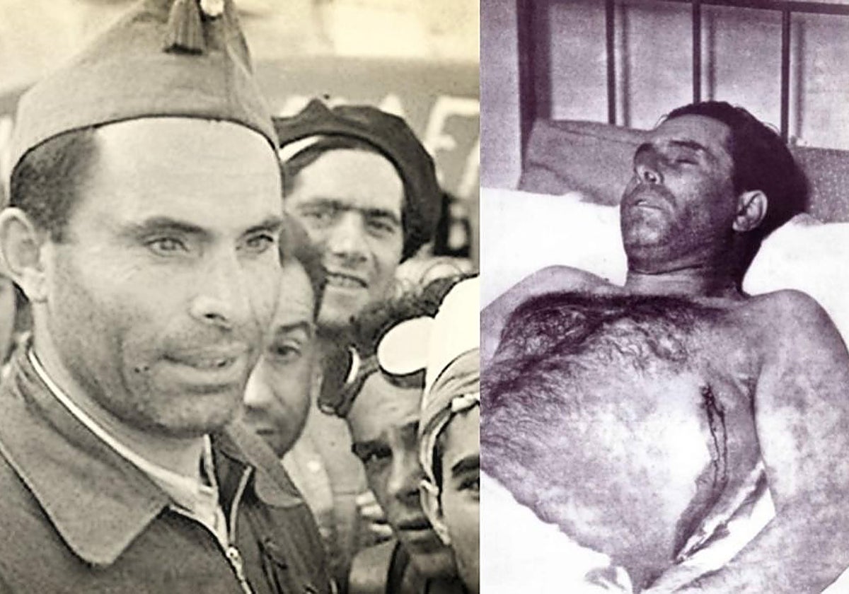 Durruti, poco antes de morir, junto su cadáver con la marca de la bala visible en el costado