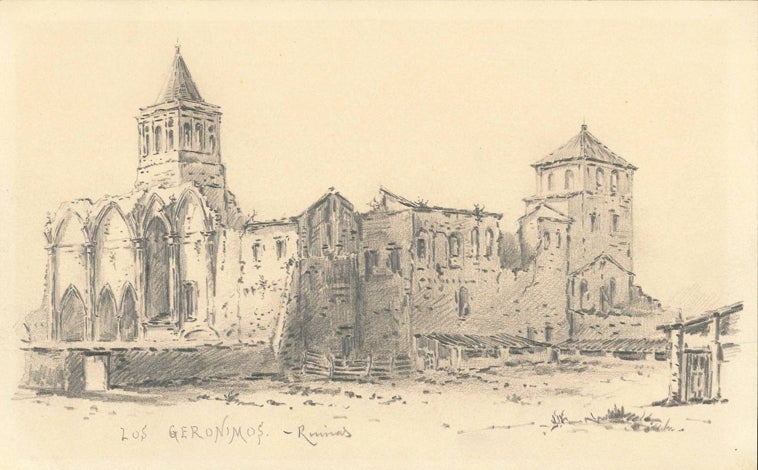 Imagen principal - Arriba, ruinas del Monasterio de los Jerónimos, en Ávila. Abajo a la derecha, casa de la familia Botón, en Málaga, alrededor de 1908. Abajo a la izquierda, uno de los cuadernos del general Picasso, con dos dibujos de Toledo realizados en 1878