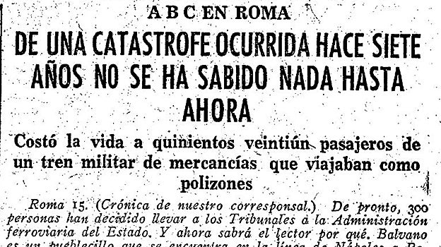 Noticia de ABC, en 1951, sobre el tren de Balvano