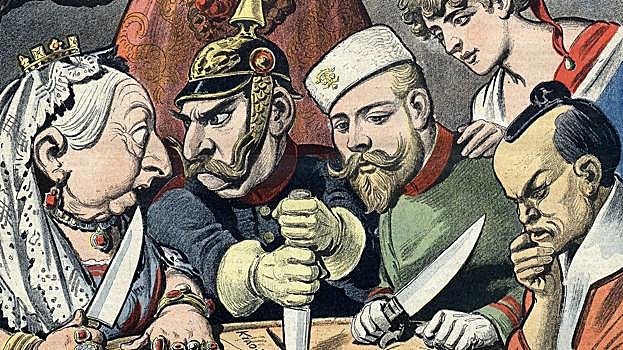 Caricatura de los líderes mundiales repartiéndose China.