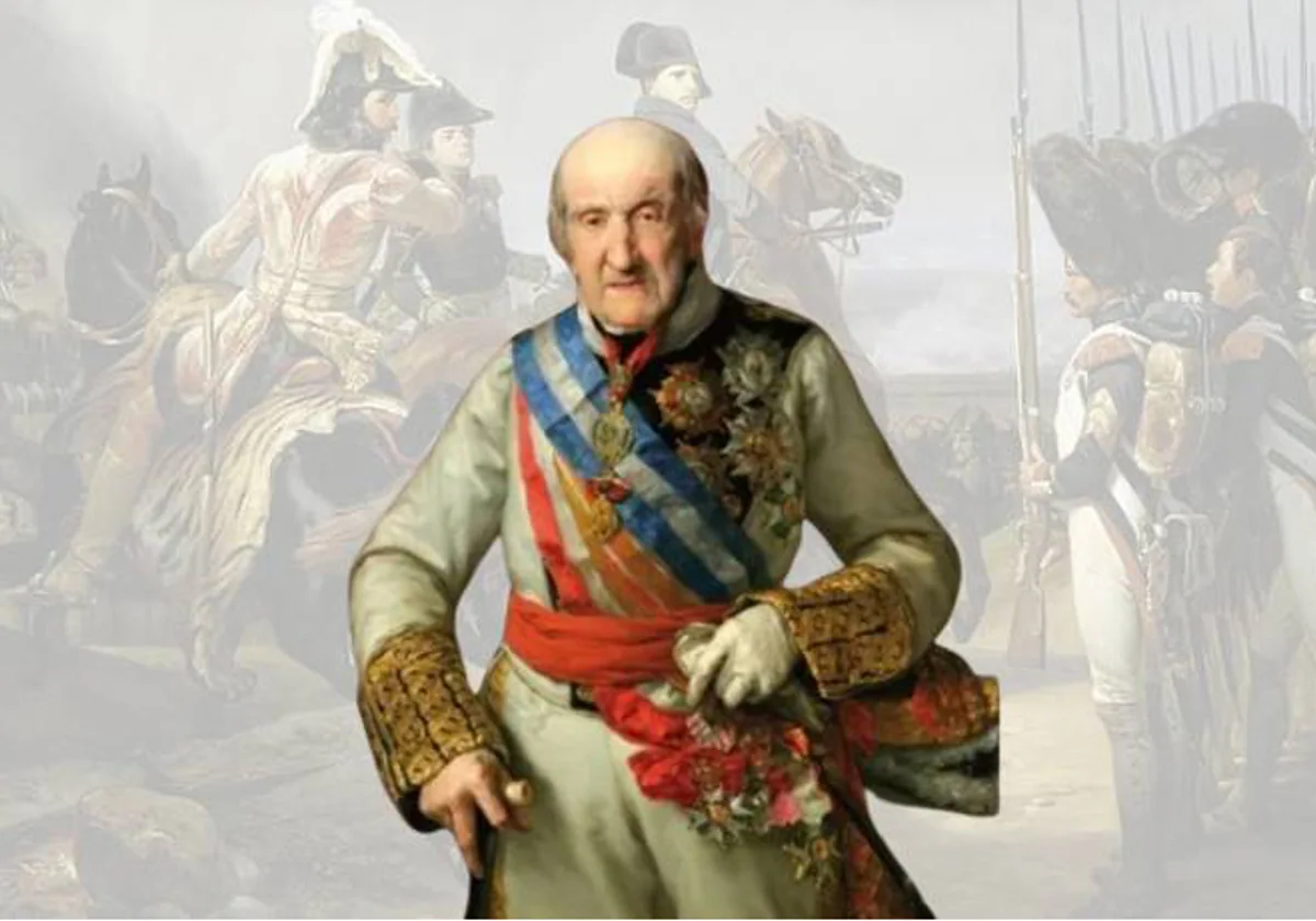 Montaje con el general Castaños en la última etapa de su vida, sobre un cuadro de la batalla de Bailén