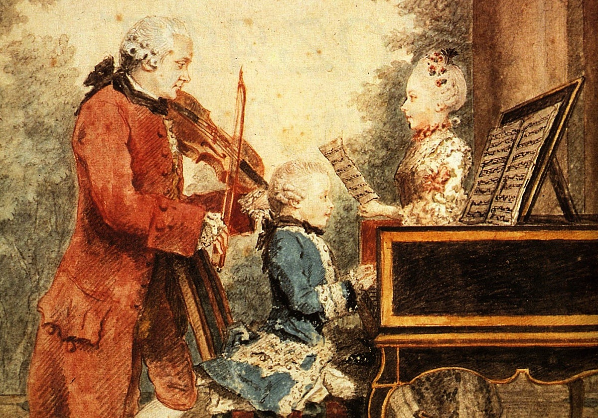 Una obra del pintor Louis Carrogis en la q ue retrata a Leopold Mozart, con sus dos hijos, en París, en 1764, durante una p arada de la gira
