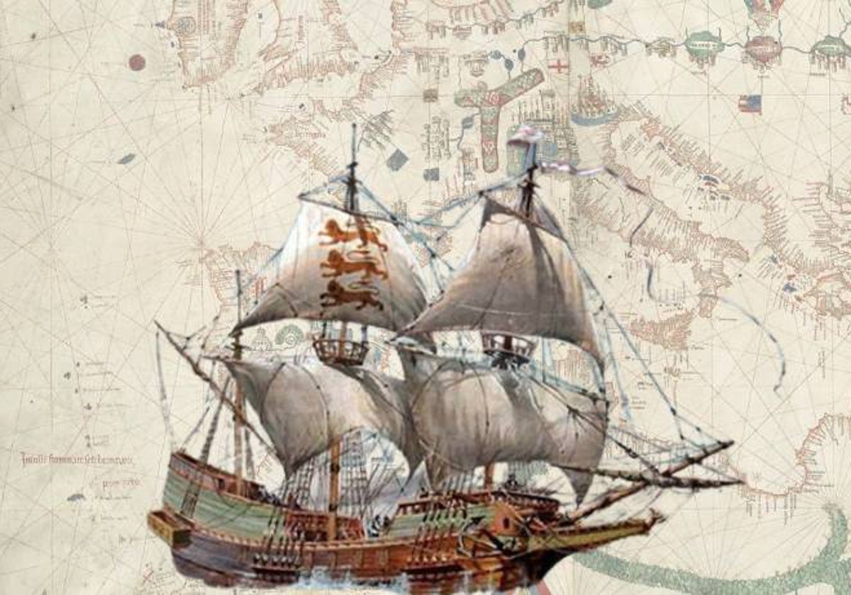 Montaje de un galeón del siglo XVI, sobre un mapa de 1489 en el que aparece la isla de la Antillia