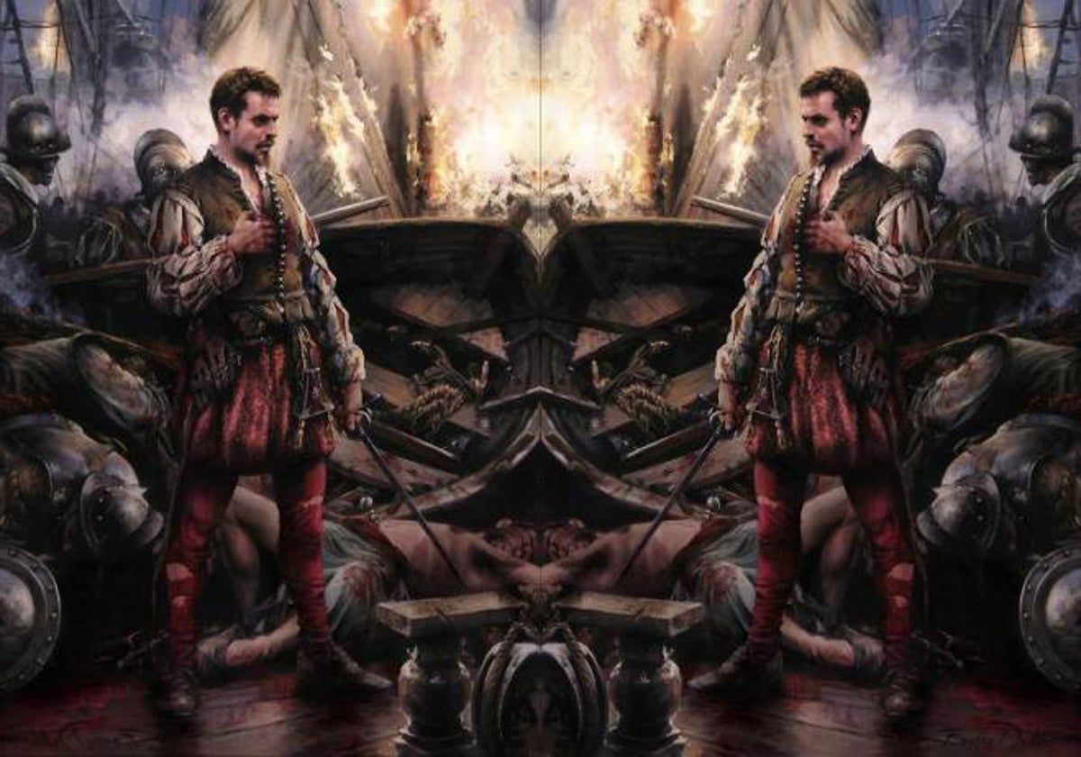 Montaje con el Cervantes en Lepanto, según el pintor Augusto Ferrer-Dalmau en 2016