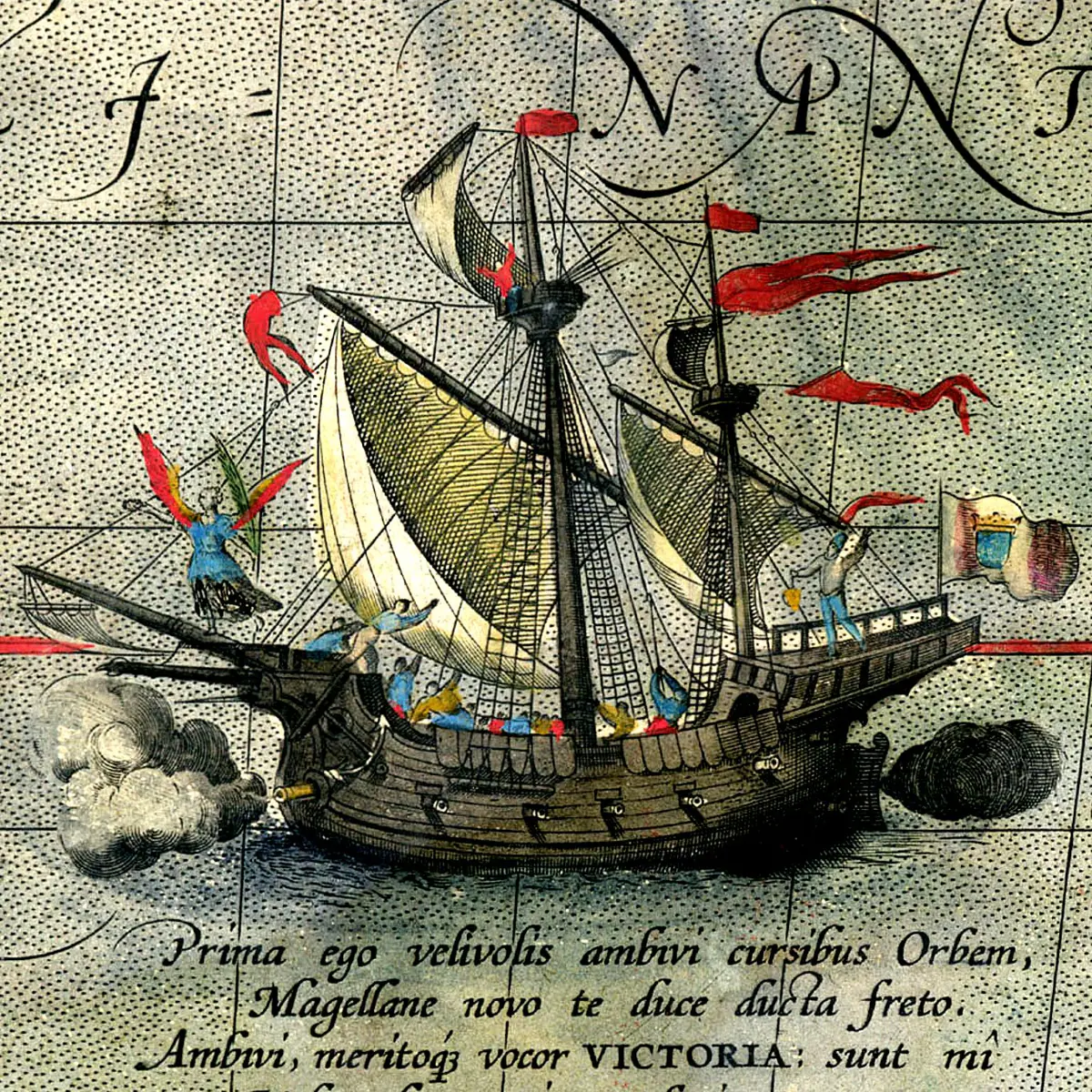 La nao Victoria, en un mapa del geógrafo y cartógrafo flamenco Abraham Ortelius (1527-2598)