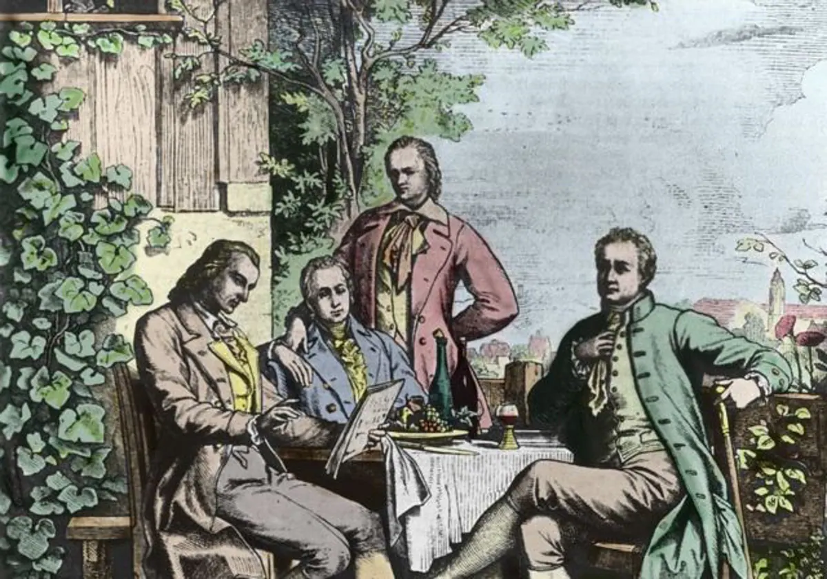 Reunión en Jena. De izquierda a derecha, Friedrich Schiller, Wilhelm, Alexander von Humboldt y Goethe