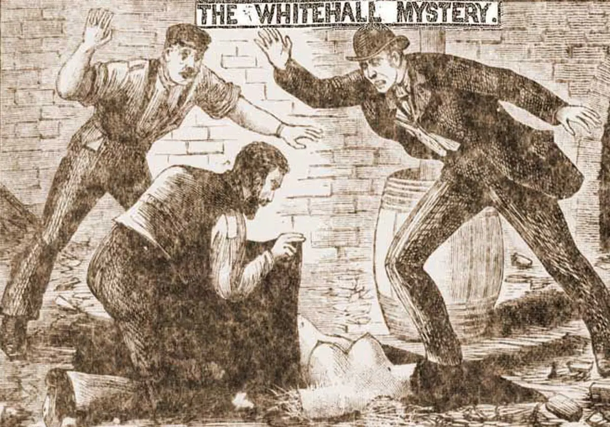 Ilustración de tres hombres descubriendo el torso de una mujer; 'El misterio de Whitehall', de octubre de 1888.