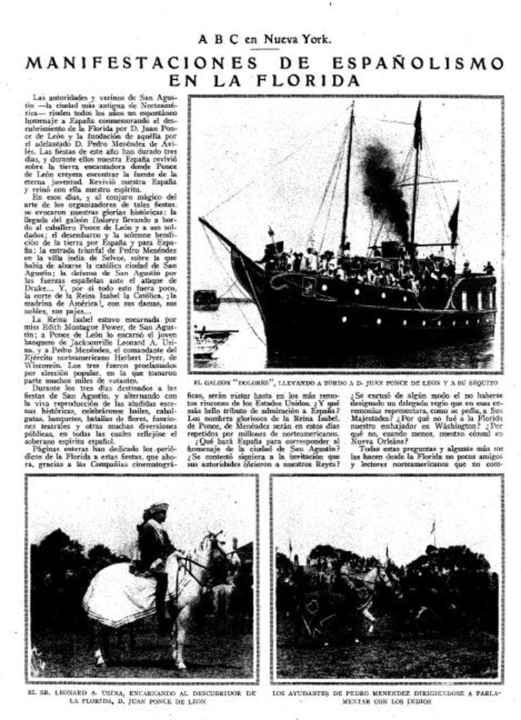 Reportaje del homenaje a España en San Agustín (Florida) en abril de 1924