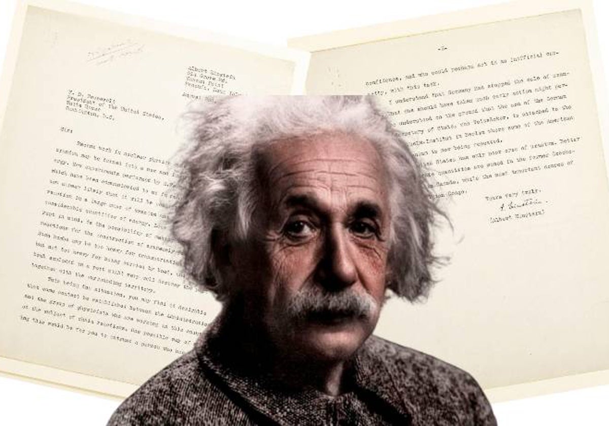 Imagen de Einstein, sobre las cartas originales que le envió a Roosevelt