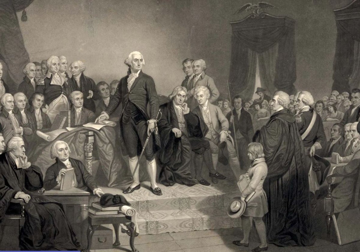 Washington, durante su discurso inaugural, en el antiguo ayuntamiento de Nueva York, según el grabado de Henry S. Sadd