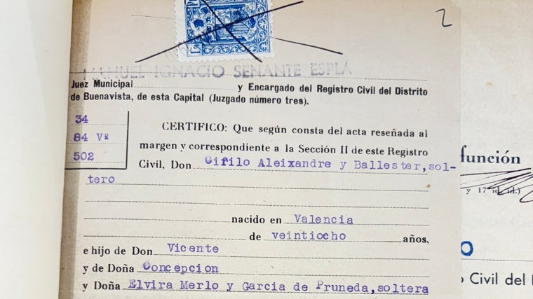 Certificado de matrimonio de los padres de Vicente