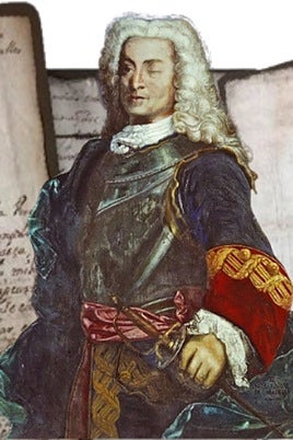 Montaje con un detalle del retrato de Blas de Lezo conservado en el Museo de Historia de Cartagena de Indias, sobre las cartas originales escritas por el marino