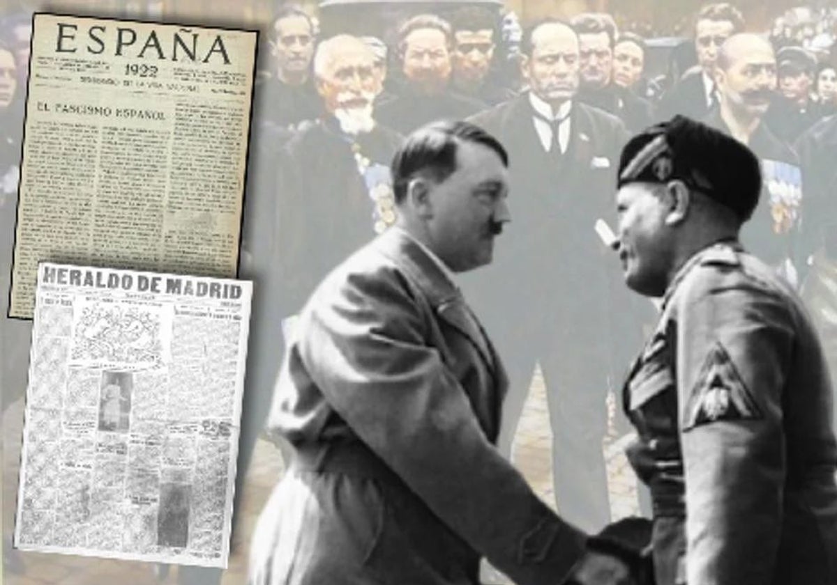 Montaje con Hitler y Mussolini, con las portadas de varios diarios españoles hablando sobre el fascismo en 1922