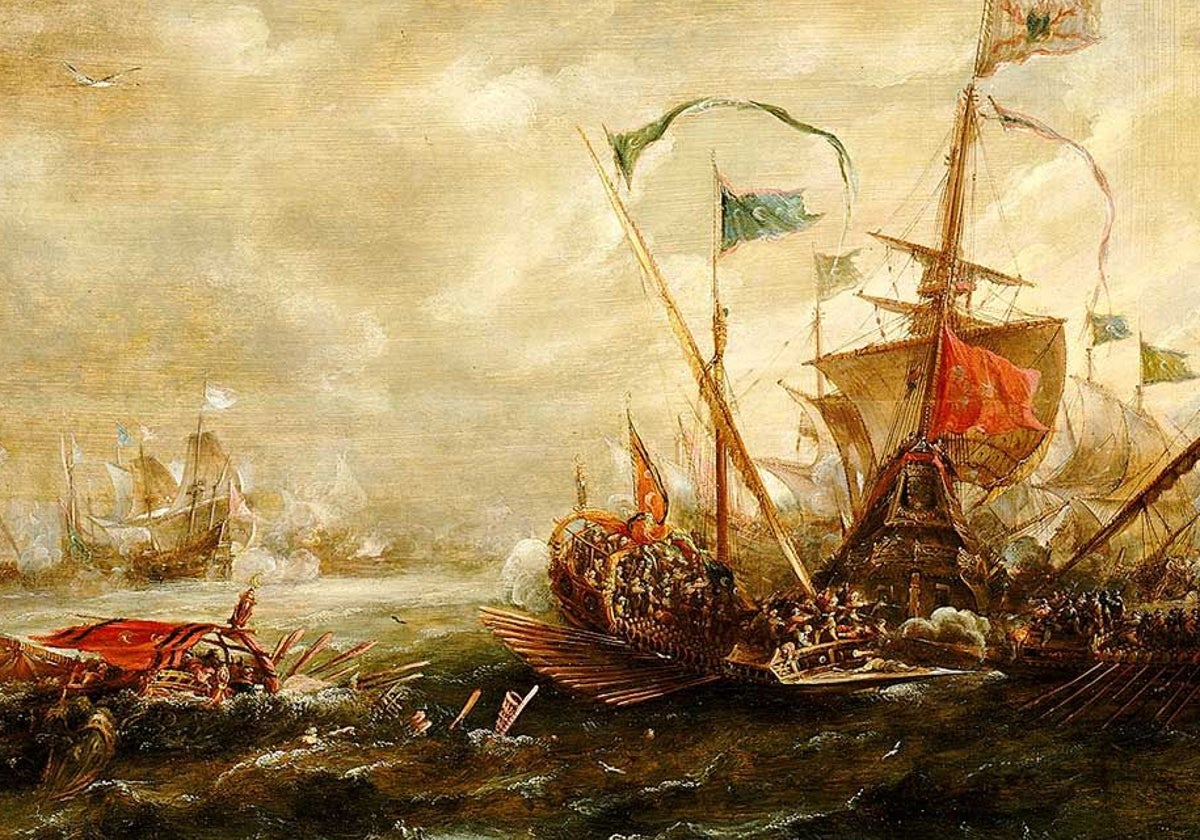 Batalla entre un galeón español y galeras turcas