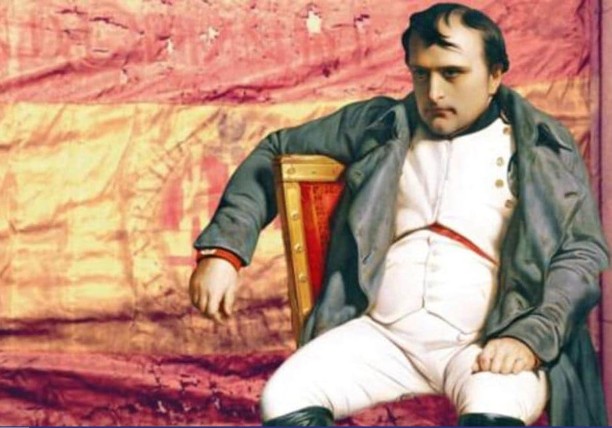 Detalle del retrato de Napoleón pintado por Paul Delaroche en 1845, sobre una bandera de España de la Guerra de Independencia