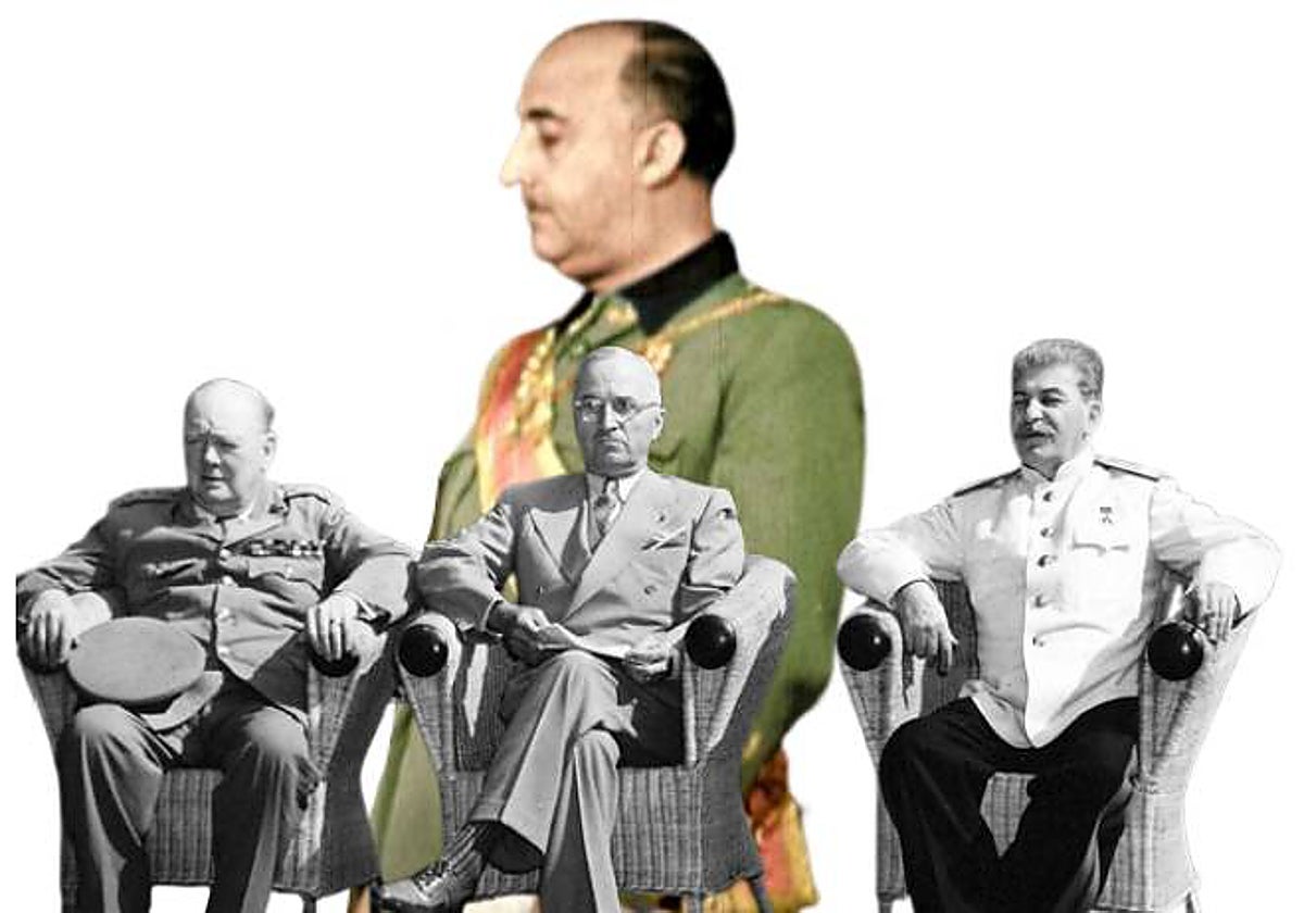 Montaje de Franco, con detalle de la imagen de Stalin, Truman y Churchill (de dcha. a izda.) en la Conferencia de Potsdam de 1945