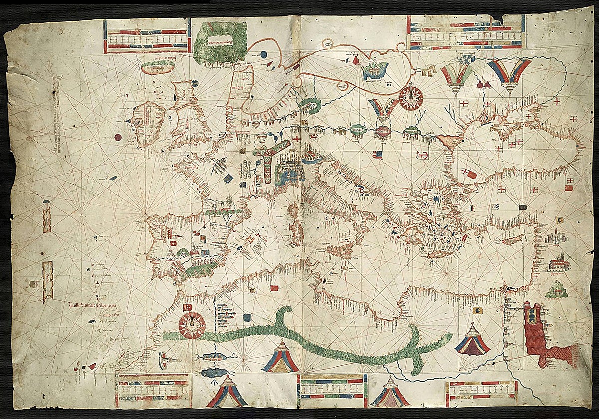 Una imagen completa del mapa de Canepa de 1489, que muestra Antillia (al oeste) en relación con la Península Ibérica
