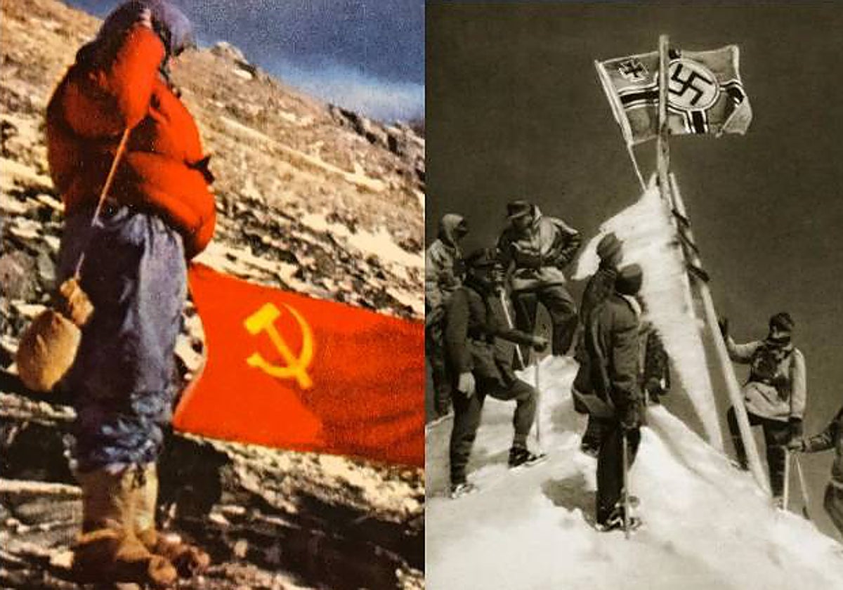 Izquierda: la expedición china de 1976 en el Everest. Derecha: los nazis en el Himalaya
