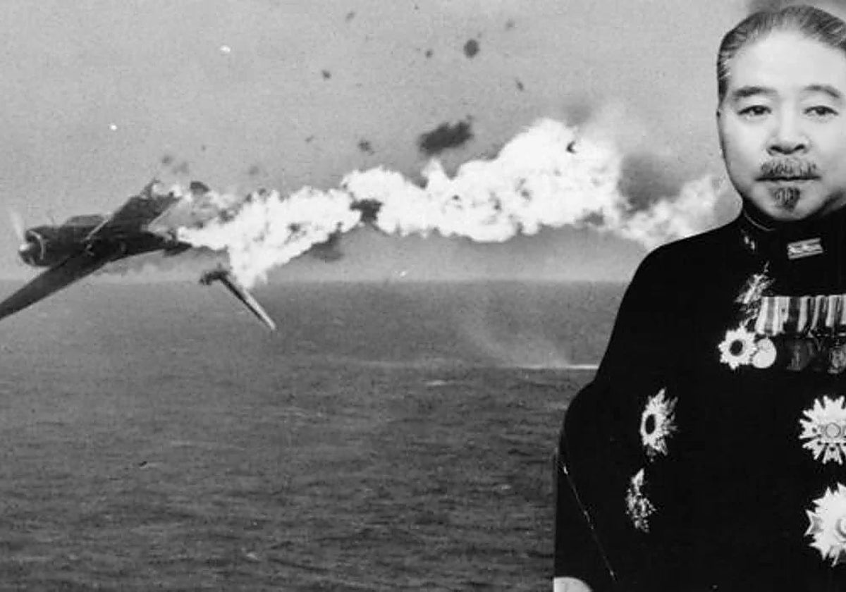 Montaje del almirante Teraoka, sobre la imagen de un kamikaze en plena caída