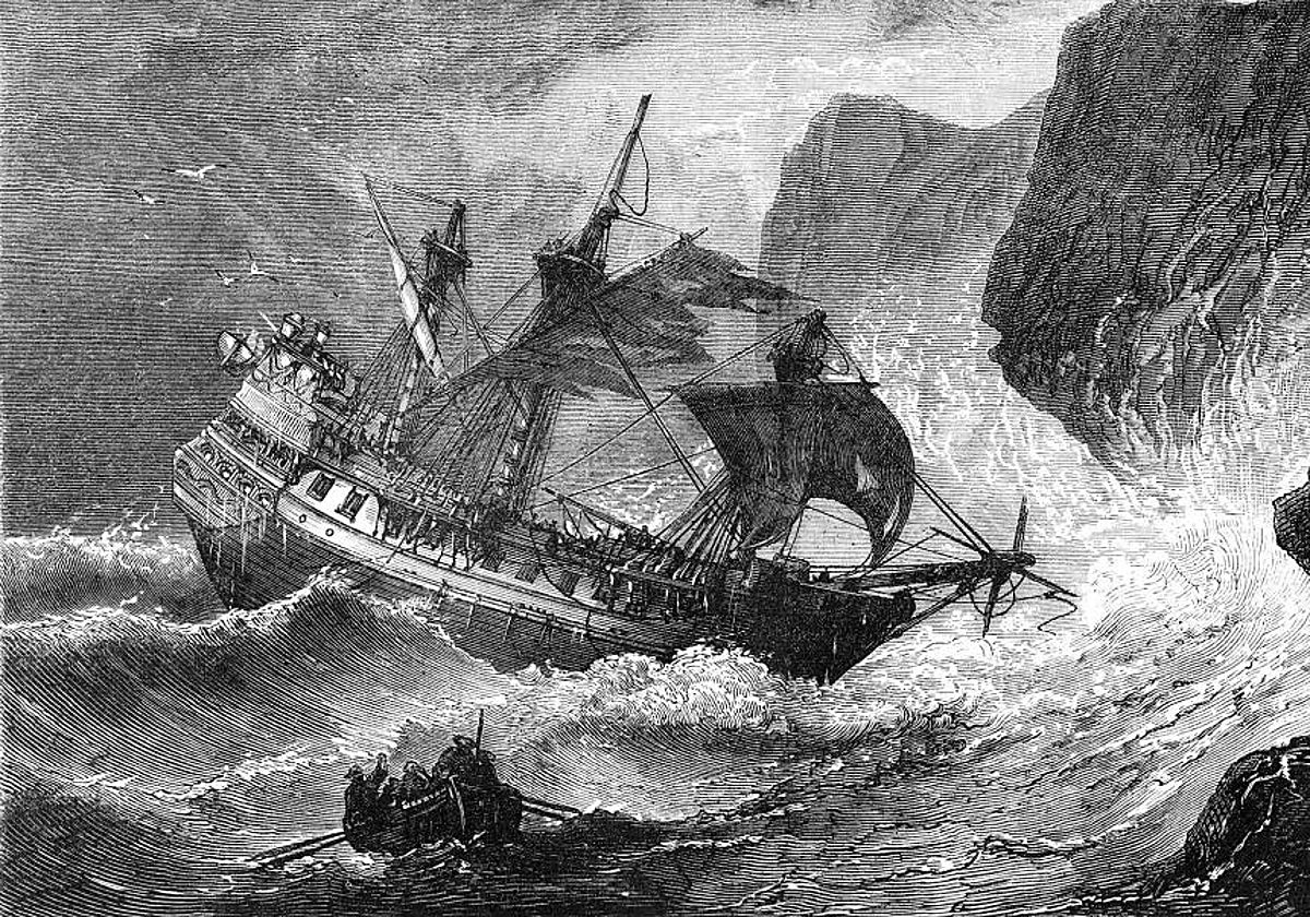 Ilustración del almirante Somers dirigiendo su barco en las Bermudas, en 1609