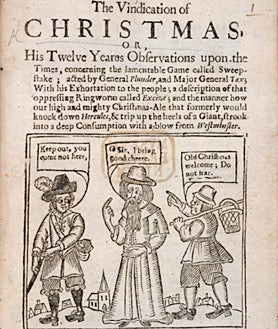 İkincil resim 2 - Yukarıda: Noel'i kutladıkları için arkadaşlarını azarlayan Püriten bir asker. Soldaki bu satırların üstünde: 1647 Noelinin yasaklanmasını gösteren poster. Sağda: 1653'te Londra'nın eleştirel yayını, bir vatandaşın onu evine girmeye davet ettiği sırada Noel Baba'nın yolunu kapatan Püriten bir askerin karikatürü