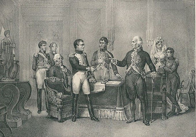 Jean-Baptiste Madou'nun 1837 tarihli litografisine göre Bayonne'un 1807'de tahttan çekilmesi.
