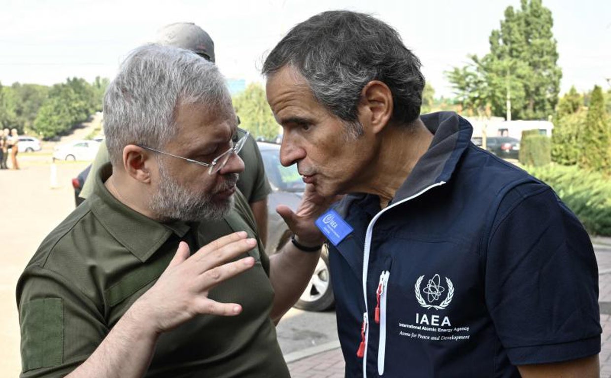 Rafael Grossi, director general del OIEA, saluda al ministro ucraniano de energía, German Galushchenko