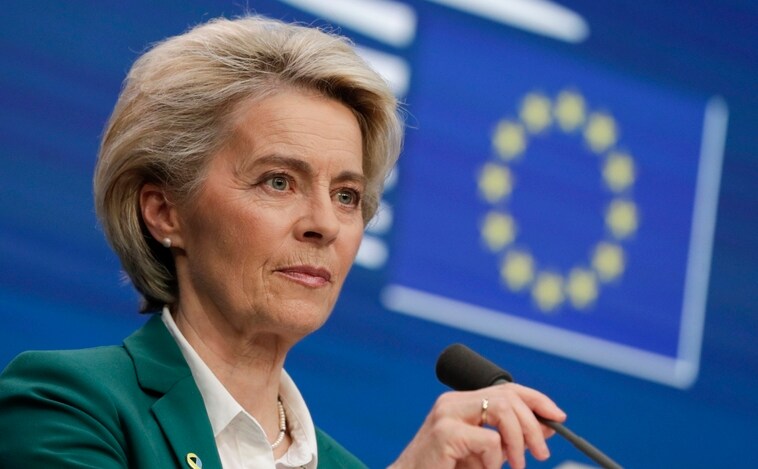European Commission President Ursula von der Leyen gives a press conference at the end of the two-day meeting of the Council of the European Union in Brussels.