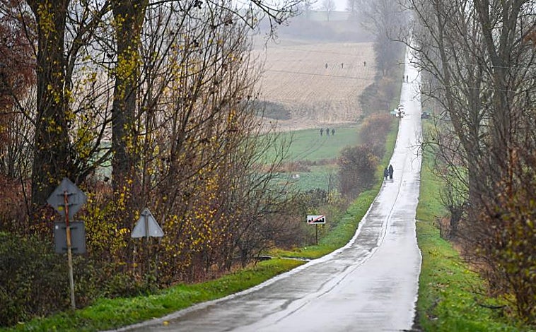 Imagen principal - Arriba, policías y forenses recorren los campos del entorno de Przewodow. En las dos imágenes de abajo, el lugar donde cayó el misil