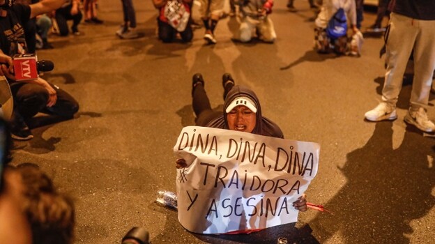 A person demonstrates and holds a banner against President Dina Boulwart during a demonstration outside the Palace of Justice in Lima