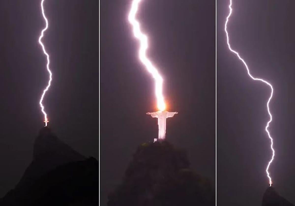 Secuencia de un rayo impactando sobre el Cristo Redentor