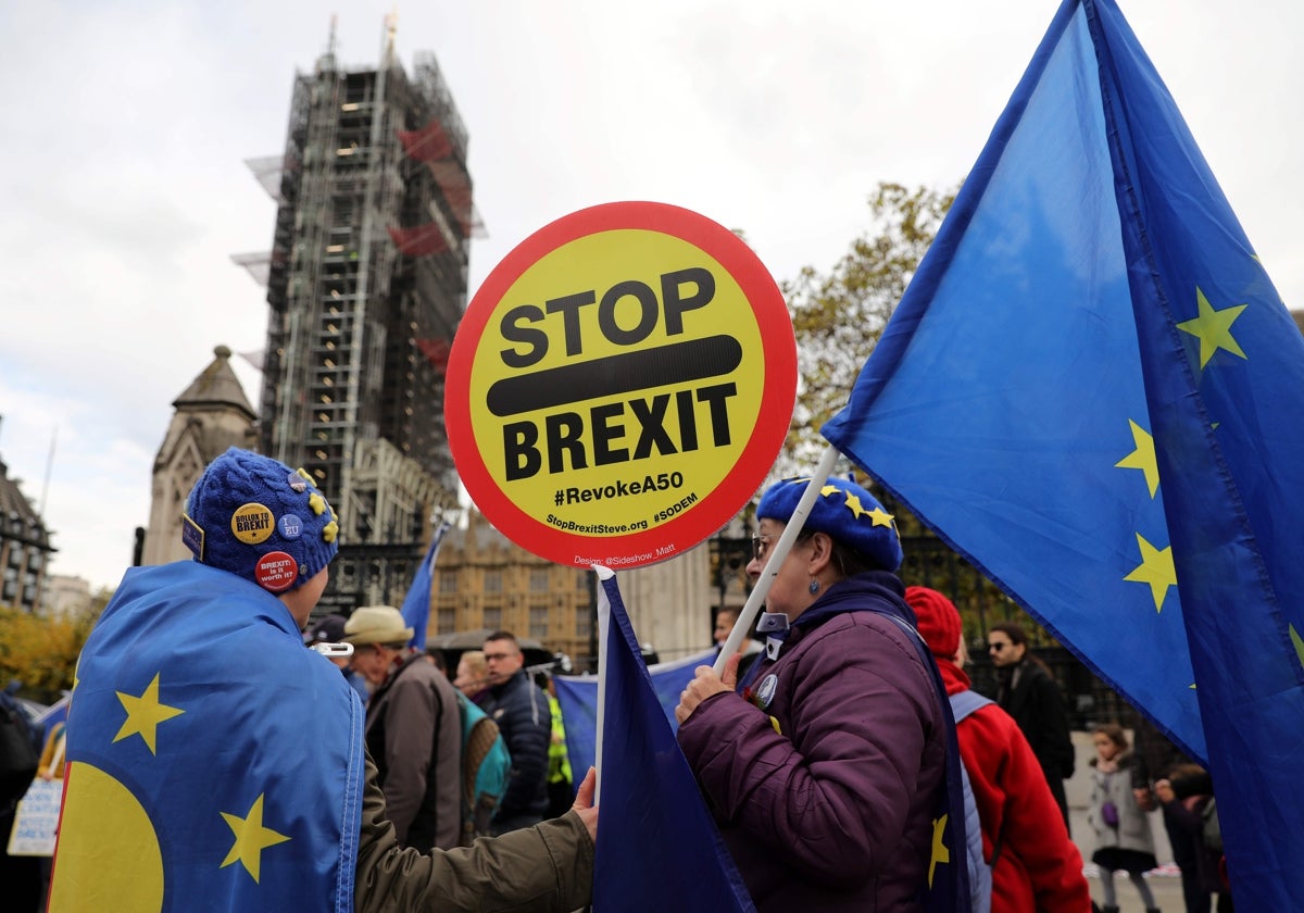 Activistas anti-Brexit se manifiestan ante el Parlamento británico en 2019