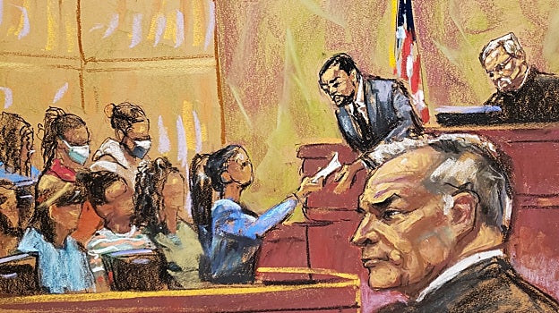 Dibujo de una sesión del juicio a García Luna en Nueva York