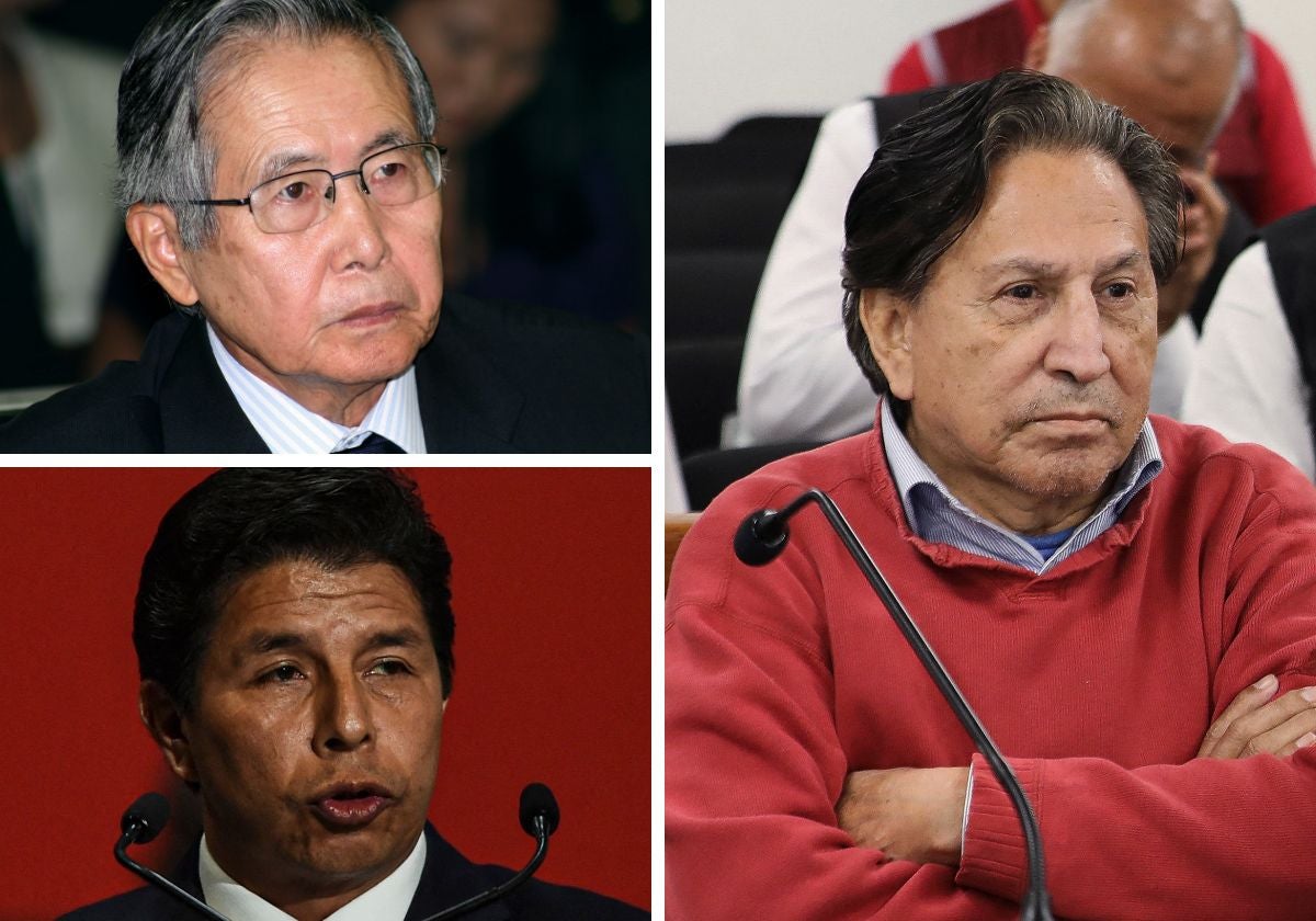 Arriba a la izquierda, Alberto Fujimori; debajo, Pedro Castillo; a la derecha, Alejandro Toledo