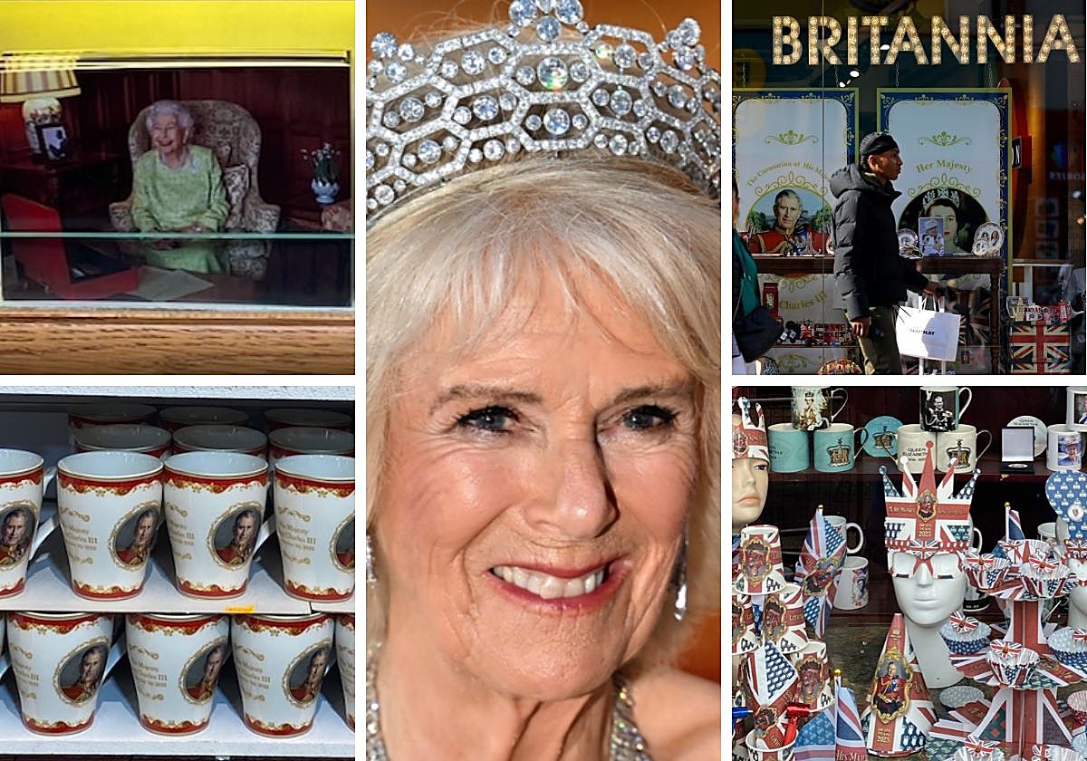 Varias imágenes de tiendas de souvenirs de Londres este viernes, antes de la coronación
