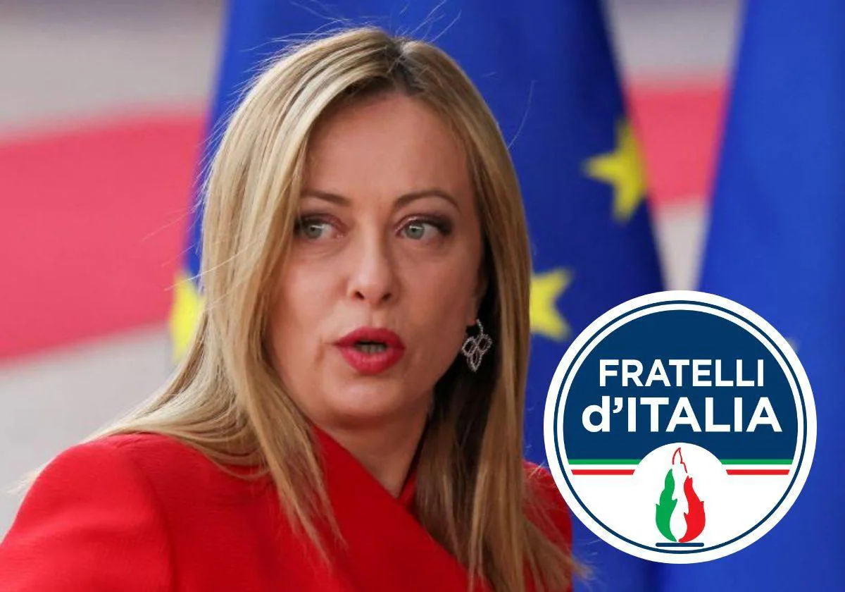 Giorgia Meloni y el símbolo de su partido, Hermanos de Italia