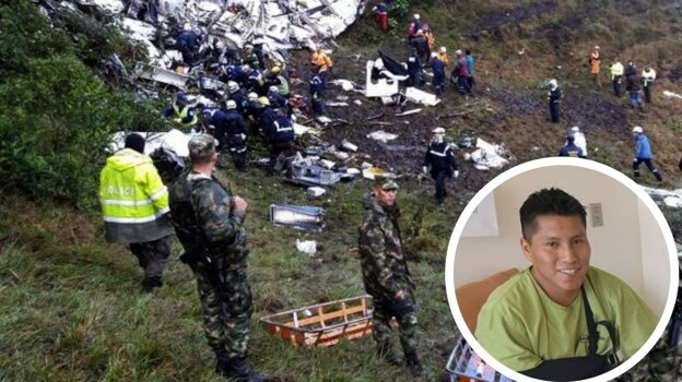 The remains of the crashed plane and Erwin Altomiri in the hospital